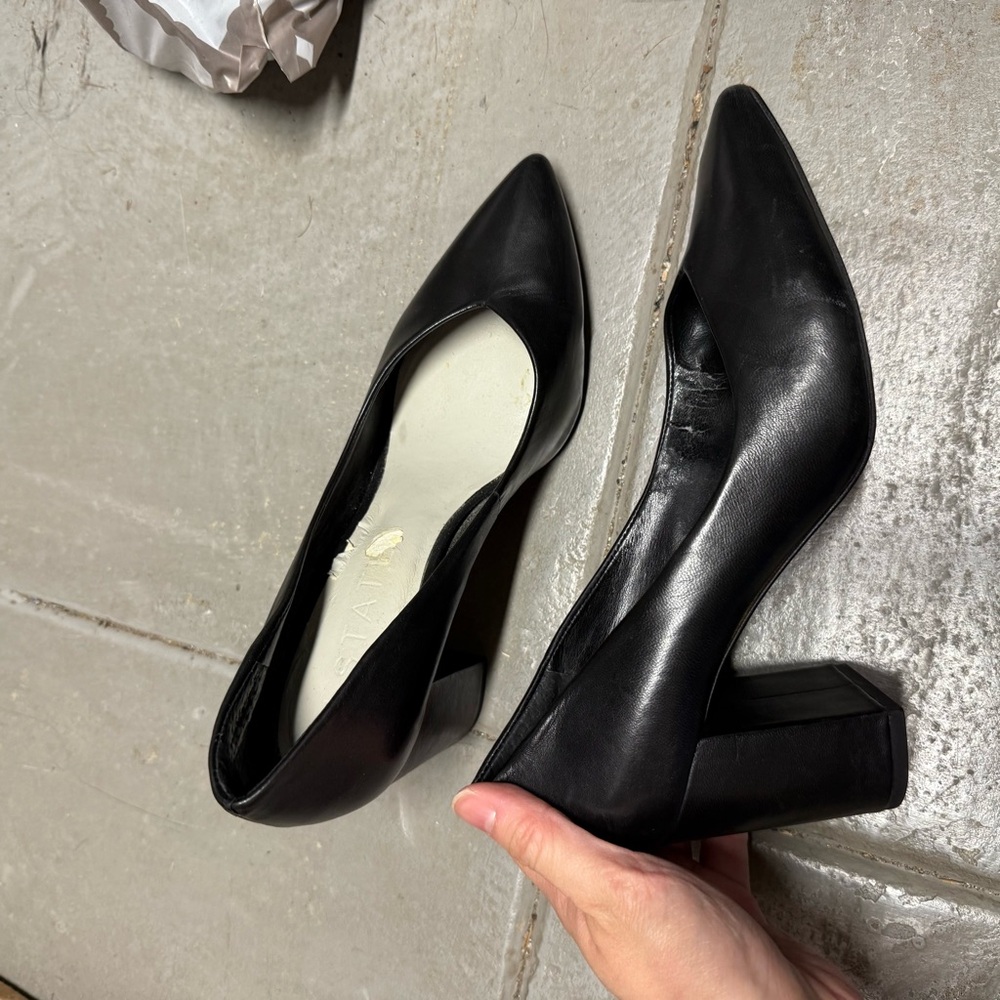 1.STATE Black Women's Pointy Toe Chunky Heel Leather Pumps Size 6